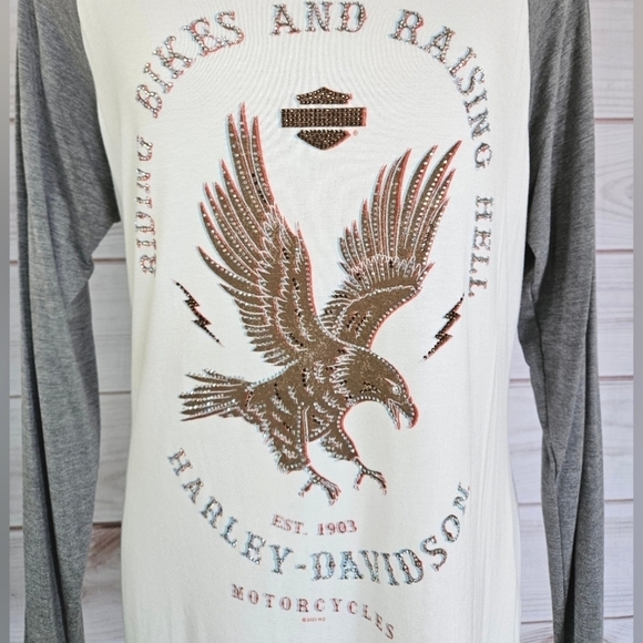 Harley-Davidson Riding Bikes Raising Hell Long Sleeve Cream Rhinestone Top Sz 1X - Picture 3 of 11